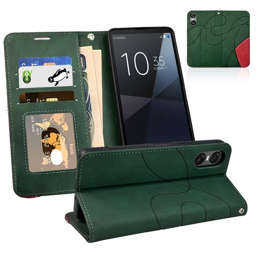 Rakuten - ForSonyXperia10vi用ケース手帳型SO-52ESOG14カード収納財布型カバーエクスペリア10vi用キックスタンド機能スマホケースXQ-ES44耐衝撃PU合皮TPU素材携帯カバーストラップホール付グリーン