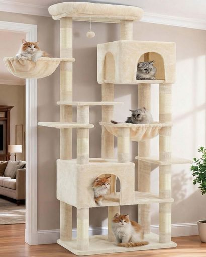 Rakuten - Heyblyキャットタワー高さ193cm大型猫用70cm広々ベース猫タワー高安定性多頭飼いに最適据え置き型超大きい取り外し可能展望台2つの広々キャットハウス2つの快適ハンモック10本サイザル麻…
