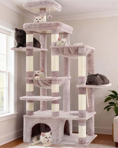 樂天商城 - Heyblyキャットタワー高さ180cm大型猫用猫タワー70cm大型ベース安定性大型キャットハウス2段見晴台2個の広いハンモック12本サイザル麻巻きポール多段プラットフォーム低重心の安全設計多…