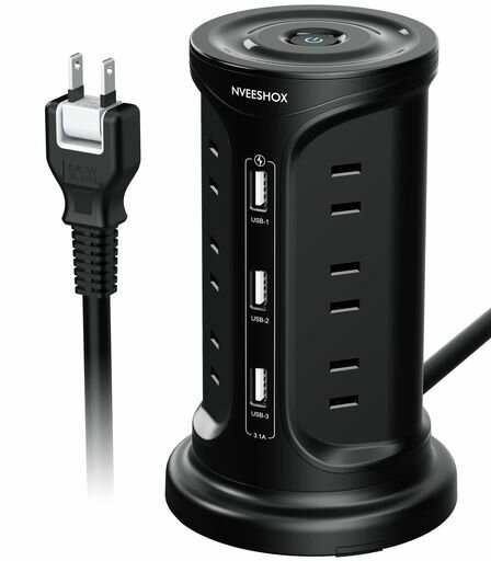 Rakuten - NVEESHOX電源タップタワー型伸縮固定パーツ付延長コード2musbコンセント雷ガード3層12個AC口3個USBポートたこ足配線テーブルタップマルチタップたこあしコンセント壁掛け安全保護機能自宅…