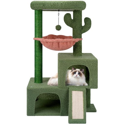Rakuten - Roypetキャットタワー猫タワー据え置きハンモック隠れ家猫ハウス省スペース爪とぎ麻縄巻き安定95CM高さおもちゃつき(グリーン)