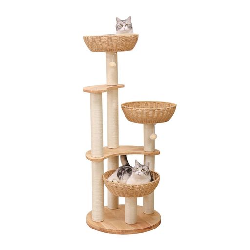Rakuten - LULUCATキャットタワー木製据え置き大型猫おしゃれラバーウッド手編みカゴインテリア性無垢材多頭飼いスリム夏冬兼用天然木見晴台付き丸型土台省スペース成猫子猫猫タワー宇宙船クリ…