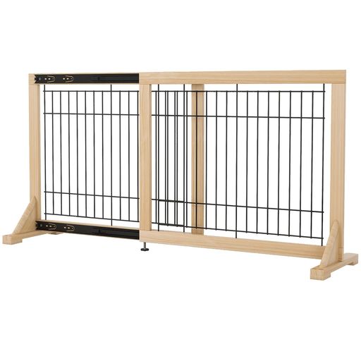 【スムーズな操作感】スムーズな動きを実現するガイドレール付きのペットゲートです。ガイドレールのおかげで、フェンスはスムーズに移動でき、幅の調整も簡単に行えます。引っ掛かりや動かしにくい状況を解消しました。 【調整可能、様々な場所に対応】:ペットフェンスの幅は、60cmから115cmまで拡張可能です。この範囲内でこの製品を使用できます。玄関、キッチン、階段など、さまざまな場所に置けます。 【安定感が抜け群】このペットゲートには2本の補助脚があり、三角形の安定した構造になっています。 類似の製品に比べ、より安定しています。脚の付け方が2種類あり、片側に寄せた場合は、壁にくっ付けて設置する必要があります。 【置き型式】置き型式なので壁等への固定をしなく、持ち運びが便利です。分解する必要はなく、持ち上げて動かすだけです。 【製品詳細】高さ約60cm 幅約64~115cm 重量:約4.16kg 材質:スチール, 天然木