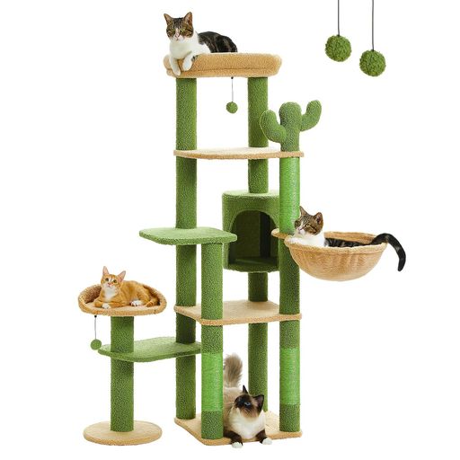 樂天商城 - PETEPELA(ぺテぺラ) キャットタワー サボテン スリム 多頭飼い 大型猫用 据え置き おしゃれ 爪とぎポール 猫ハウス ハンモック 猫タワー 爪研ぎ サイザル麻 ポンポンおもちゃ 高さ150cm グリ…