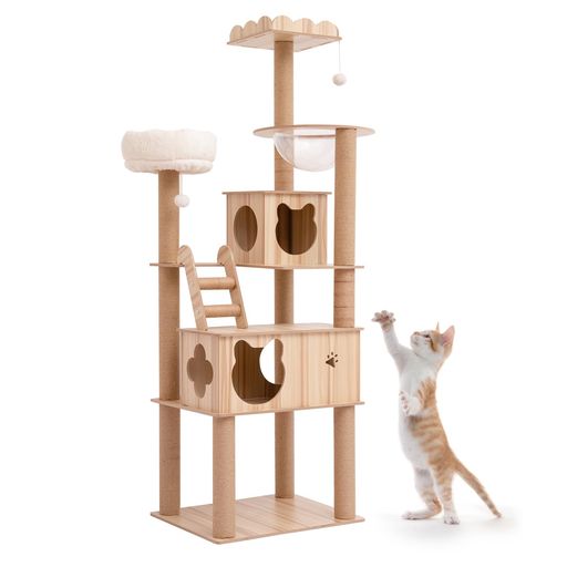 Rakuten - PETTOMキャットタワー猫タワー大型猫用ねこハウス木製多頭飼い据え置き高い安定性丸角設計可愛いデザイン省スペース(180cmタワー)