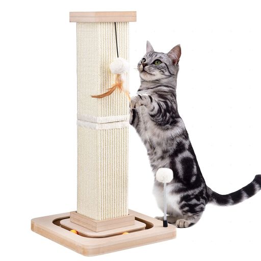 スクラッチ 😺 【頑丈の爪とぎポール】67cm高さの支柱により、猫が背伸びしてガリガリ爪とぎしたり、12cm太目のしっかり安定したポールなので、てっぺんに登ったりすることもでき、ほかに玩具もいっぱいついてある。多機能キャット爪とぎポールです。また、インテリアに調和するように過剰な柄は控えシンプルなベージュ色のデザインにしました。 😺 【楽しさ倍増】猫爪とぎポールにポンポンと回るボールを組み合わせると、猫にさらなる魅力を与え、猫を家具から引き離すことができます。猫がカーペットや家具、カーテンを傷つけないようにすることができます。 😺【安定した構造】34cm四角い台座が高密度のパーチクルボードで作られ、さらに3cm厚さ台座の下に滑り止めシールが付いていて、全体の安定性を確保します。角を全部丸くしたデザインも、通った人とペットを優しく守り、細部までこだわりが感じられます。力学原理に基づいたデザインを採用しており、猫が突っ張っても倒れる心配はありません。猫が思う存分遊べます。 😺【プレミアム品質】 100%無毒、無臭、猫や環境に優しい素材で作られています。