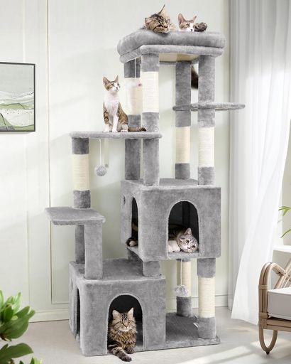 Rakuten - Globlazerキャットタワー据え置きシニア猫タワー大型猫用猫タワー多頭飼い大型多機能登りやすい2ねこハウス7天然麻紐爪とぎポールぬいぐるみクッション展望台猫ベッドハンギングバスケ…