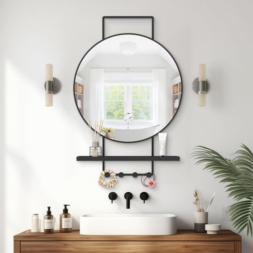 Rakuten - BEAUTME壁掛け丸鏡80x55cmウォールミラー棚付きフック付き金属フレーム円形モダンファームハウススタイルリビング/寝室/玄関装飾鏡