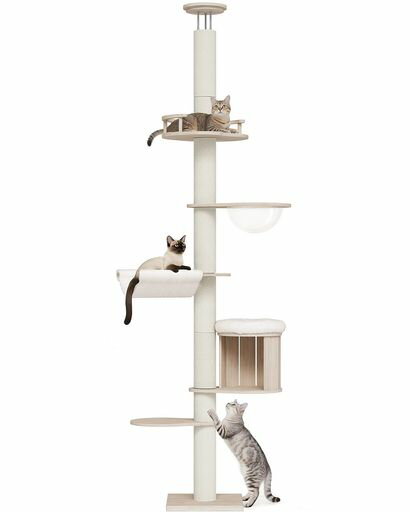 クライミング 【高さ調整可能】220-271cmまで対応可能な突っ張り式キャットタワー。トップは3本の調節ネジで天井にしっかり固定でき、安定感抜群。予備ポール付きで安心して長くご使用いただけます。 【多機能デザイン】宇宙船ハンモック(直径30cm)、猫ハウス(直径35cm)、柔らかいハンモック(長さ48x幅40cm)、展望台(長さ48x幅40cm)&amp;ジャンプ台を搭載。登る・休む・遊ぶ・眺めるを1台で実現し、室内飼い猫の運動不足解消やストレス発散にも最適。 【直径12cmの極太ポール】頑丈な爪とぎポストを採用。白い綿ロープ巻きで猫の爪研ぎ欲を満たしつつ、やさしい手触りで家具やソファを保護。ナチュラルな見た目でインテリアにも調和し、大型猫でも安心して使用可能。 【天然木製マルチボード】高品質の天然橡膠木多層板を使用。耐久性が高く、ジャンプしても揺れにくい設計。大型猫や多頭飼い世帯でも安心のキャットタワー。 【省スペース&amp;運動不足解消】スリム設計ながら多段構造で、省スペースでもしっかり遊べる天井突っ張り猫タワー。室内飼い猫の運動不足・ストレス解消に効果的。日本語取扱説明書と組立動画あり、工具付きで簡単に組立可能。