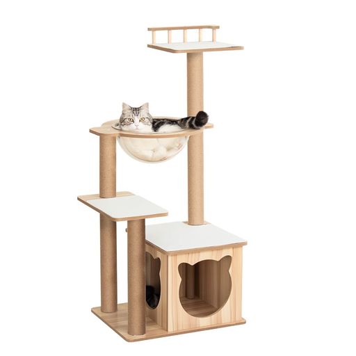 Rakuten - LULUCATキャットタワー据え置きおしゃれコンパクト多頭飼い高さ112cm木製シニア猫冬夏兼用滑り止めマット付き子猫安定感低め転倒防止デザイン展望台猫ベッド運動不足解消省スペーススリ…