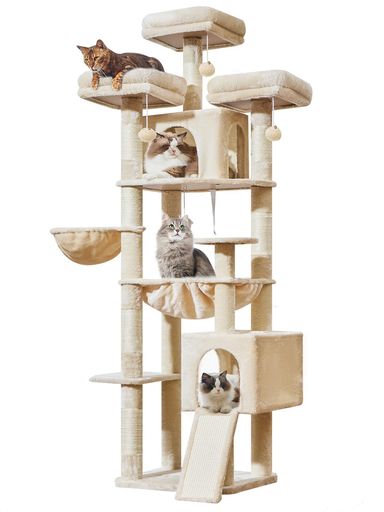 Rakuten - Taoqimiaoキャットタワー高さ約193cm据え置き型大型猫用多頭飼い超スリム省スペース天井突っ張り転倒防止付き運動不足解消安定感天然麻紐の猫の爪とぎボードスクラッチボ-ド付き特大メタ…