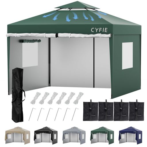 CYFIE タープテント 3mx3m サイドシート4枚付き ワンタッチタープテント 高さ3段階調節 UVカット 耐水1500mm ベンチレーション付き テント 3m 3m ワンタッチ 日よけ アウトドア キャンプ 運動会 B…