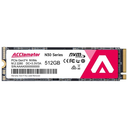 Acclamator N30 SSD 512GB NVMe M.2 2280 PCIe Gen 3.0x4 読込最大3200MB/秒 内蔵SSD 3D NAND TLC採用 SLCキャッシュ搭載 ノートパソコン/デスクトップに対応 メーカー3年保証