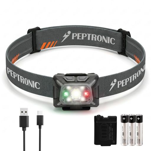 PEPTRONIC ヘッドライト 【USB-C 充電式・電池式両方対応】 単4乾電池付属 350ルーメン 高輝度 LED ヘッドランプ 軽量 集光・散光切替 3色(白/赤/緑) SOS IPX4防水 60°角度調整 登山 ランニング キャ…