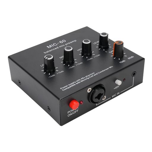 ochun プロフェッショナルマイクプリアンプマイクゲインブースター48V電源、XLR 3.5mm 6.35mm入力出力、録音/ポッドキャスティングに最適、コンパクトブラック (XLRケーブル付き)