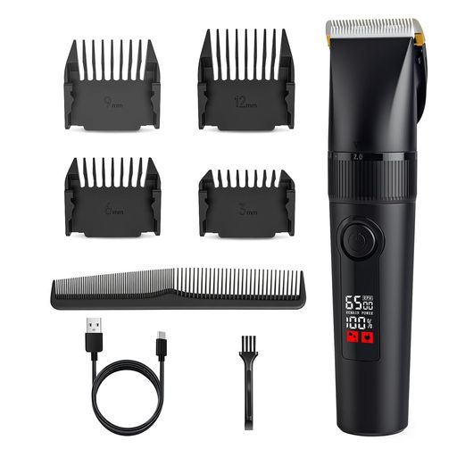 ヘアカット プロフェッショナル仕様: 充電式ヘアカッターで、自宅でも本格的なヘアカットが可能です LEDディスプレイ搭載: バッテリー残量と使用時間が一目で確認できる見やすいデジタル表示画面を装備しています 4段階ガイドコーム付属: 3mm、6mm、9mm、12mmの4種類のアタッチメントで、お好みの長さに調整できます USB充電式: 付属のUSB充電ケーブルで簡単に充電でき、コードレスで使用できるため取り回しが便利です 付属品充実: ガイドコーム4個、クリーニングブラシ、USB充電ケーブル、コームが付属し、すぐに使用開始できます