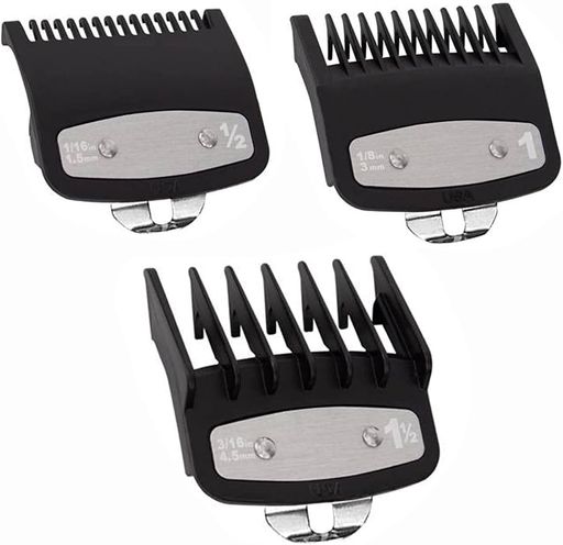 1 3種類の長さで自由にスタイル調整 1.5mm・3mm・4.5mmの3サイズセットで、好みの長さに合わせてカット可能。家庭用にもプロ用にも対応。 2 金属クリップでしっかり固定 しっかりとした金属製クリップ構造で、装着時にズレにくく安定性抜群。 3 丸みを帯びた櫛歯で安全な使用感 先端を丸く加工し、頭皮を傷つけにくく快適に使用可能。 4 耐久性のあるABS素材を採用 高品質ABS樹脂で耐熱性・耐摩耗性に優れ、長く使用できます。 5 多くの主要なコードレスバリカンや電動バリカンに適合します(※ご購入前にサイズをご確認ください)。自宅でのセルフケアからプロのサロンワークまで幅広く活躍します。