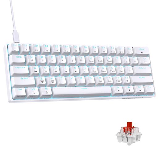 DIERYA ゲーミングキーボード 赤軸 Mini 小型 メカニカルキーボード 60%レイアウト 61キー 英語配列 有線 キーボード 着脱式 USB C 電源ケープル WindowsノートパソコンおよびPCゲーマー向け (ホワ…
