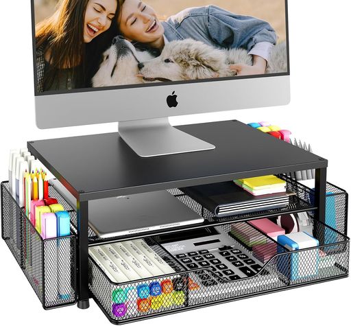 モニター台 引き出し 3段収納 卓上 スタンド 机上台 パソコン pc キーボード収納 プリンタハンガーバスケット 2 つ付き 金属 (ブラック)
