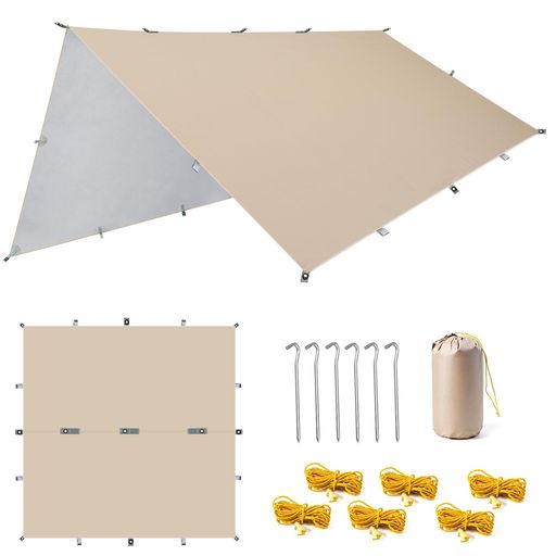 🎒【超軽量&amp;超コンパクト収納】20D高密度ナイロン素材を採用し、3x3mサイズでわずか650g。収納サイズは23x13x13cmと非常にコンパクトです。バックパックの貴重なスペースを節約し、登山・サイクリング・ソロキャンプなど、軽量化が必須のアウトドアシーンに最適です。※薄手のイメージがあるかもしれませんが、リップストップ加工を施した丈夫な生地で、引裂きや摩擦に強く、軽さと強度を両立しています。 ☔【高耐久防水・遮光&amp;遮熱機能】PU10,000mm+の高耐水圧加工+縫い目の防水テープ処理で、大雨でも内部はドライをキープ。さらに内側の銀コーティングがUPF50+(紫外線遮断率98%以上)と優れた遮熱効果を発揮し、日本の強い日差しや夏の照りつけもしっかりカットします。 💪【強化構造による高い耐久性と耐風性】固定リングは「三重補強+二重縫い」、主要接合部は高周波溶着(ヒートシーム)加工を施し、張力耐性を約30%向上。強風時でもめくれや破損リスクを低減し、長期間のご使用に安心してください。