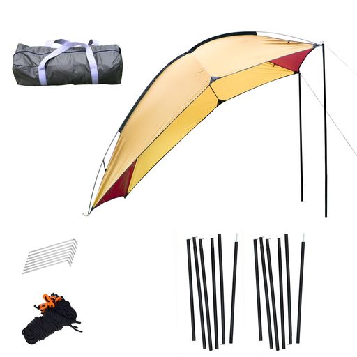 【詳細】サイズ:340*190*200CM、5-8人用 収納サイズ:約43cmx15cm 重量:約3.5kg 【素材】タープシート:通気性・耐久性に素晴らしいネット糸を採用し、耐水圧PU3000mm 棒:ガラス繊維棒 【防水性、遮光遮熱】耐水圧3000 mm以上の撥水加工を施したPU生地を使用して、タープ本体もしっかりと縫製されているので縫い目から、結構な雨でも雨漏りすることなく快適です。優れたUVカット、真夏の暑さ、紫外線から守ります。 【設営簡単】初心者でも簡単に組み立てるキャンプタープです。シートを広げて、フレームで固定して、車もしくは近くの木などに縛って、簡単に設営できます。 【多用途】 自動車、SUVからミニバンまで幅広く使えるカーサイドタープです。 後方はリアゲートを開けてサイドにタープを設置する事で広い面積でアウトドアを満喫する事が出来ます。 車側と連結してカーサイドリビングとしても使用できます。タープとして、キャンプ用、登山用、海辺用、野外活動用、天台用、駐車場用、様々なところで利用できます。圧迫