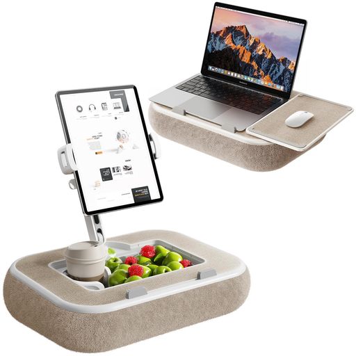 【3WAY多機能デザインで作業効率UP】‌膝上テーブルとしての基本性能に加え、タブレットスタンドと収納ボックスを一体化。人間工学に基づく8度傾斜クッションが膝への負担を軽減し、40x30cmの広天板で最大15インチのノートパソコンに対応。「3WAY」設計により、在宅ワーク・動画視聴・軽食など様々なシーンで同時活用が可能。さらにマグネット式マウスパッド付きで操作性も向上し、読書やKindle・電子書籍の閲覧にも最適です。 【360°調整アームで自由な視野を確保】‌アームは高さ19cmまで2段階調節可能で、根元360°回転+上下左右の角度調整に対応。寝転び姿勢・座位・車内などあらゆる体勢でも快適な視野を確保できます。タブレットアームは**クイックリリース式(4.7~13インチ対応)**で、スマートフォンやiPad、Kindleなどの電子書籍リーダーも簡単に固定でき、動画視聴やオンライン会議も快適です。 【取り外し可能な実用設計&amp;安定感アップ】‌直径6.5~8cm対応のシリコンカップホルダーは自由に配置でき、飲み物の転倒を防止。