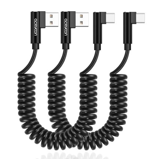 aceyoon USB-A Type-C スパイラル ケーブル L字型 0.8m 2本入 3A急速充電 最大1.5mまで伸縮 充電コード 黒