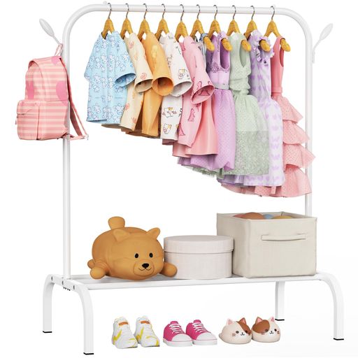ハンガーラック 子供用 頑丈仕様、収納棚 & フック付き、幅 80cm 小型洋服ラック - コスチューム/プリンセスドレス/靴用、ホワイト
