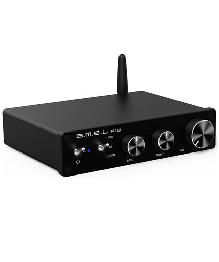 S.M.S.L A12 オーディオアンプ、HiFi 2チャンネル 低音とトレブルコントロール付き、Bluetooth 5.0ステレオクラスDパワーアンプ、Infineon-MA12070チップを搭載、家庭用パッシブスピーカーに適して…