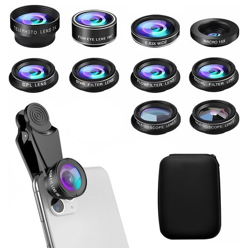 10in1スマホ用カメラレンズ クリップ式レンズ スマホ用撮影セット【広角レンズ、マクロレンズ、魚眼レンズ、望遠/CPLフィルタ/万華鏡/星形レンズ/フローフィルター/ラジアルレンズ】取付…