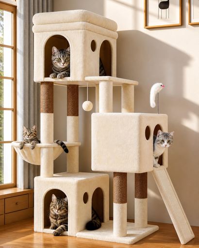 スクラッチ 【広々とした猫用ベッドが3つ】このキャットタワーには、広々とした猫用ベッドが3つ付いています。下段のベッドはそれぞれ40x33x30cm、上段のベッドは40x33x35cmです。子猫やシニア猫に適しています。 【快適最上階の見晴台】キャットタワーの最上部には、厚みのあるパッド入りの広々としたプラットフォーム(40x35cm)があり、大型の猫がゆったりとくつろぐのに最適です。プラットフォームのふかふかのクッションは取り外し可能で、お手入れも簡単です。 【猫の自然な爪とぎ本能を刺激】この猫タワーには、傾斜したサイザル麻の爪とぎボードと複数の天然麻紐の猫の爪とぎポスト付いています。ソファやカーテンなどの家具へのダメージを軽減しながら、猫が爪とぎを楽しめます。 【安定性抜群のキャットタワー】このキャットタワーは特大サイズの土台(65x40cm)を備えており、猫が飛び跳ねたり、激しく爪とぎをしたりしても、ぐらついたり倒れたりする心配がありません。安全性が大幅に向上し、猫はより安心して遊ぶことができます。