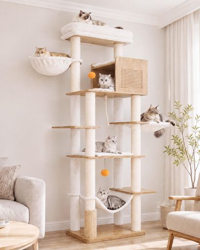 猫の運動と遊び, 猫の休憩とリラックス, スクラッチ, 猫に遊び道具の提供 【おしゃれな木製キャットタワー】高品質な木製ボードとラタン調デザインを組み合わせた据え置き型キャットタワー。猫がくつろぐ・遊ぶ・爪を研ぐ場所を1台に集約し、多頭飼いの室内飼いにもおすすめ。さまざまなお部屋に自然になじみます。 【多頭飼いにも使いやすい多段設計】 通気性のよいラタン調猫ハウス、ふかふかハンモック2個、バスケット、広いステップを備えたキャットタワー。子猫から大型猫まで快適に過ごせる空間を確保し、それぞれの居場所を作ることで多頭飼いにも適しています。 【爪とぎも遊びもこれ1台】天然麻縄を巻いた爪とぎポール9本を備え、家具の傷防止やストレス発散に役立ちます。セルフグルーミングブラシは抜け毛のお手入れをサポートし、吊り下げおもちゃが猫の運動不足解消や毎日の遊び時間をより楽しくします。 【お手入れしやすく安定感のある設計】クッションはすべて取り外してお手入れ可能。面ファスナーでしっかり固定できるためズレにくく、快適な使い心地を保ちます。転倒防止ベルト付きで、据え置き型キャットタワーとして安定性と安全性を高めています。