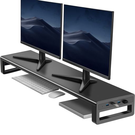 長さと頑丈さ-製品の寸法:100 x 20 x 9cm(L * W * H); 耐荷重:66ポンド。 デュアルモニタースタンドは高品質の金属製でできており、2台の27インチモニタースタンドと、プリンターコンピューターやラップトップなどの他のスタンドを同時に収納できます。 側面の4つのUSB3.0ポート---データ転送を提供します。 USB 3.0ハブポートが4つ装備されているので、ハードディスク、マウス、キーボードなどのUSBデバイスを接続すると便利です。 デスクオーガナイザーが提供する---ホッチキス、付箋、キーボード、マウス、DVDプレーヤー、携帯電話、iPadなどの事務用品やアクセサリを整理して生産性を高めて整理するための広いスペース(下のサイズ:95x 20 x 8cm) 作業環境。 効果的なモニターレイザー---コンピュータでの作業を容易にし、家庭やオフィス、学校、大学生に最適な姿勢を促進し、より快適になり、コンピュータアクセサリのスペースを増やします。 組み立てが簡単:このデュアルモニタースタンドには、モノリシック金属製プレートが付属しています。