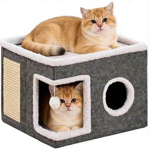 猫ベッド 【広々とした快適な空間】ネコベッドは快適な洞窟デザインを採用し、閉じられた空間がペットに強い安心感を与えます。また、上層のプラットフォームは、猫がリラックスしたり遊んだりするための開放空間としてご利用いただけます。多頭飼いのご家庭に最適です。 【耐久性のある爪とぎと楽しいボールおもちゃ】猫ドームには、耐久性に優れた麻素材の爪とぎとふわふわのボールおもちゃが付いており、猫が遊んだり運動したりできると同時に、家具を引っかき傷や損傷から守ります。 【2-in-1両面クッション・四季を通じて快適】猫ベッドドーム型には反転・取り外し可能なクッションが2枚付属しています。片面はやわらかなベルベット素材で、冬場に最適、愛猫に温かな寝床を提供します。 【頑丈で安定した構造】ペットベッド冬は頑丈で軽量なMDF板で作られており、体重15kgまでの猫が自由に飛び跳ねて遊んでも、崩れる心配がありません。底面は滑り止め加工が施されており、猫が遊ぶ際の揺れや移動を防ぎます。 【簡単組立・持ち運び便利】ネジ、金具、工具なしで組み立てられる猫をダメにするベッドです。