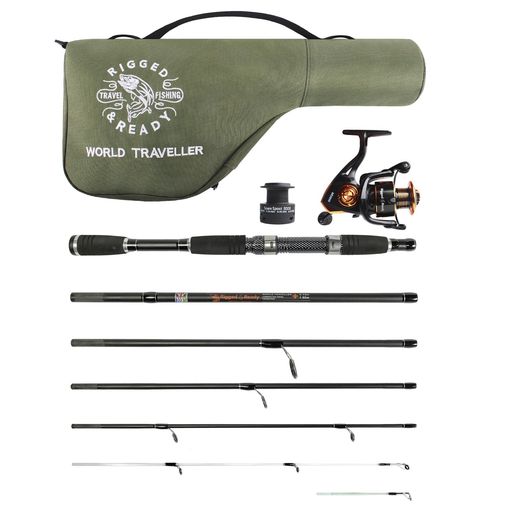 Rigged and Ready World Traveller Travel Fishing Rod Reel & Case Set コンパクト6セクション、2つのティップ。超コンパクトな持ち運びサイズ。2-in-1、1.9m + 2.15m(6.4’
