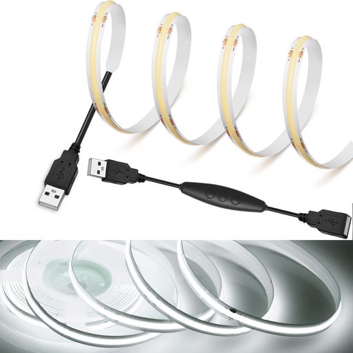【Rye】 LEDストリップライトDC5V COBテープライトスーツフレキシブル 高密度 LEDテープライト 3m 320LEDs/m 白光色6000K 180°発光CRI =90,電源コードスイッチ、5段調光、45cmケーブル,両面テープ変形… papimomoshop-10037511 papimomo.shop パッケージ画像
