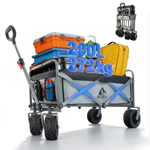 【大容量200L&amp;強化耐荷重構造272kg】 本 キャリーワゴン は 大容量 設計を採用し、底部に 耐荷重 補強バーを特別に追加することで、車体の積載能力を大幅に向上させました。テントやクーラーボックスなど、重量級の キャンプ 用品でも一度にまとめて楽々運搬でき、重い荷物のプレッシャーを感じさせず、面倒な往復作業から解放します。 【ワイドタイヤ&amp;ブレーキで安定走行】 当 アウトドアワゴン は、グリップ力に優れた 大型 ワイドタイヤ を装備し、砂利道、芝生、泥濘地などの 多地形 でも安定した走行を実現します。便利な ブレーキ付き 仕様で、傾斜地に駐車する際も車体をしっかり 固定 し、あなたと荷物の安全を守ります。 【軽量&amp;コンパクト折りたたみ収納】 本キャリーカートは軽量素材を採用し、本体重量はわずか7.3kg。女性でも簡単に持ち上げられます。独自の折りたたみ設計により、上方向に引き上げるだけで素早くコンパクトに収束可能。収納後は場所を取らず、車のトランクにもご自宅の隙間にも非常に便利に収まります。