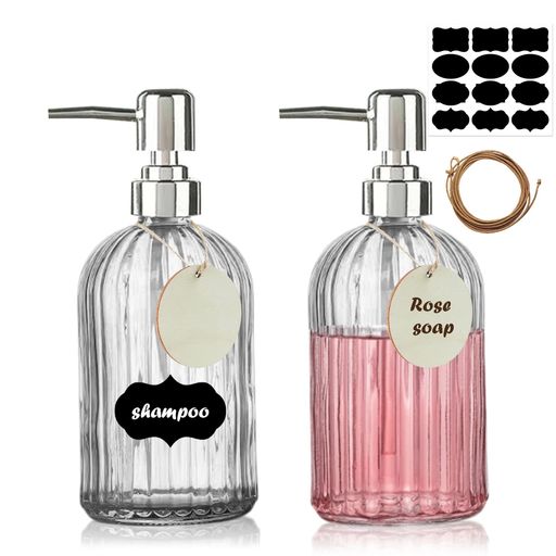 【商品仕様】:素材:ガラス+ステンレス、サイズ:500ml/本、セット内容:ソープディスペンサー2本+手押しポンプ2個+麻ひも2m+木片丸型ラベル2枚+シールラベル12枚 【おしゃれで高級感がある】:高品質のガラスで作られたこのソープディスペンサーは、外側から見ると透明なクリスタルに見え、美しい光沢を反射できます。透明無色なので、清潔感抜群です!また、ステンレス製の手押しポンプが付属していて、全体はおしゃれで高級感があります。どんな現代スタイルのインテリア飾りに最適です。 【ラベル付き】:麻ひもや書き込むための木片、ボトルに直接貼れるシールラベルが付いています。異なる液体をマーキングするのも簡単です。麻ひもは2mの長さで入っているので、適当な長さをカットし、小さな木片を吊るすことができます。これをボトルに吊るすと、北欧の高級感が漂います。 【上質で安全な素材】:無鉛ガラスで作られ、日常に使っている液体を入れて使うのは安心です。耐薬品性に優れ、プラスチック製ボトルと比べると、ガラス製ボトルはより腐蝕に耐え、変色も劣化もしません。汚れた場合、水洗いで繰り返し使用可能です。