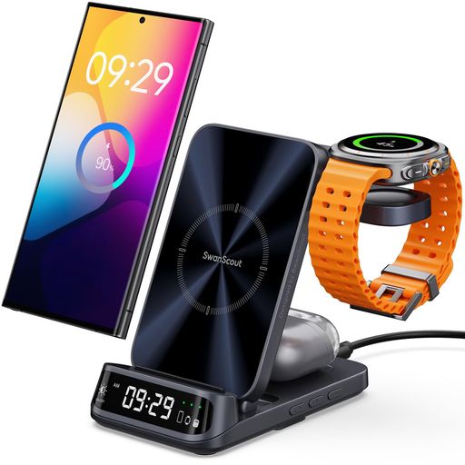 【洗練されたデザインプロセス】SwanScout 708Sは、UV転写技術でスマホ充電部分に光学テクスチャを施し、耐久性のある金属コーティングボディと組み合わせることで、高級感を実現しました。この充電器は、どんな空間にもおしゃれなアクセントを加え、ギフトにも最適です。 【3台同時充電&amp;旅行に最適】この充電器は3台のデバイスを同時に充電でき、コンパクトに折りたたむことができます。軽量で収納しやすく、旅行にも最適です。 【カーブデザインのデジタル時計】アップグレードされたデジタル時計は、エレガントな曲線デザインと高圧成型の3D LEDディスプレイを融合させ、美しさと機能性を兼ね備えています。時計は3段階の明るさ調節が可能で、完全に消灯することもできるため、快適で安らかな睡眠環境を提供します。 【高速かつ効率的な充電】インテリジェントな温度制御システムにより、過熱を防ぎつつ効率的な充電を実現します。テスト結果では、Samsung S24を0%から100%まで2.3時間で充電でき、同等品と比較して20%速いことが確認されました。