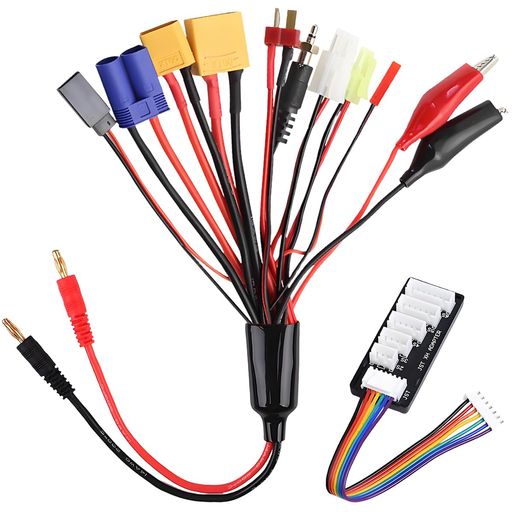 11-in-1充電ケーブル:このRCリポバッテリー充電コネクタは11種類のプラグタイプを備え、日常のニーズに対応 入力プラグ:4.0mmバナナプラグ 出力プラグ:タミヤ、タミヤミニ、EC5、JST、フタバ(メス)、XT60、XT90、Tプラグ、ワニ口クリップ(1組)、イグニッションプラグ 安全性:充電ケーブルは耐熱性シリコン絶縁を採用。一部の開放接点(アダプターには含まれません)はキャップで保護され、短絡リスクを排除 携帯性に優れる:このバッテリー充電器スプ