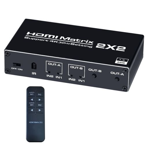 【2入力2出力対応HDMIマトリックス】本製品は接続された最大2台のHDMI機器(BDレコーダーや家庭用ゲーム機など)を2台のテレビやプロジェクターへそれぞれ切り替え・出力することのできる2入力2出力マトリックス切替器です。同じ映像でも、別々の映像でも同時出力できます。 【高解像度対応】4K(3840x2160)30Hz 解像度に対応しており、美しく高精細なHDMI信号を出力できます。3DやフルHD(1920x1080p)の映像も対応しています。HDMI1.4、HDCP1.4に準拠する商品です。 【完全手動切り替え】ボタン切り替え、またはリモコンからのワイヤレス切り替えによりポート選択をする完全手動切り替えタイプです。接続ケーブルが全て同一方向に配置できるため綺麗に設置できます。 【対応音声フォーマット】HDMI入出力側は Dolby-AC3 5.1ch, DTS 5.1ch, D-TrueHD 5.1ch, DTS-HD 5.1ch, LPCM2ch/5.1CH/7.1ch に対応しております。