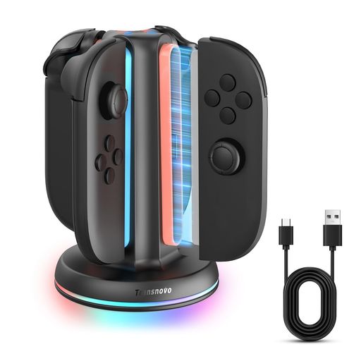 ⚡【4in1急速充電機能】2.5hで4本のSwitch 2ジョイコン用コントローラーを同時に充電できます。従来のドックより30%高速です。家族や友達と遊ぶ時、充電器を待つ必要はありません。置くだけですぐに充電されます。とてもスマートです。パーティーゲーム、家族での多人数プレイ、ゲーム共有のセットアップに最適(ご注意:USB-Cケーブル付属、本体は付属しません)。 🧲【磁気吸着・任意角度】この充電スタンドはマグネット式設計を採用しており、ワンクリックでシームレスにフィットします。簡単着脱できる。左右や上下を気にする必要がなく、4つの充電スロットは色や方向を合わせなくてもどの方向にでも挿入できます。区別する時間を節約し、より良いゲーム体験を提供し、非常に使いやすい。本体の質感はマット調のブラックで、他のアクセサリとも相性が良いです。違和感がありません。シンプルでカッコいい。 💡【充電指示LED・9つのRGB】各ポートに独立した LED ライトを搭載。Joy Padを充電用のスロットに挿入するだけで、指示ランプが点灯します。アイドル或は充電完了はブルー、充電中はオレンジ色で、充電状況が一目でわかります。