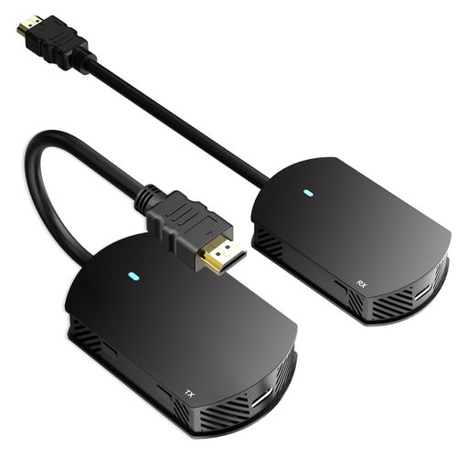 【ワイヤレスHDMI送受信機セット】ワイヤレスHDMIは、受信機と送信機の2つの機器がセットになっています。通常、HDMIケーブルを使用してパソコンなどのビデオソースからディスプレイデバイスへ映像と音声を伝送しますが、ワイヤレスHDMIを使うと、ケーブルを使わずに受信機と送信機を挿すだけで同じことが実現できます。受信機のペアリング設定が最初から完了しているので、挿すだけですぐミラーリングできます。慌ただしいときもサッと接続できます。小型で持ち運びがラクだから急なプレゼンにも活躍! 【50m距離無線安定伝送】HDMI信号を無線で、壁越しでも、最大50mまでの超遠距離を伝送可能です。従来のケーブルタイプのようにテレビの傍に置く必要はありません。テレビから離れて端末を操作しながらワイヤレスで画面投影できます。じた長いケーブルを用意する必要がなく、手軽に使用できます。また、壁や障害物が多い場所では、実際の伝送距離が短くになる可能性があることも考慮に入れてください。