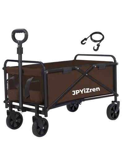 JPYiZren キャリーワゴン 折りたたみ式キャリーカート アウトドアキャンプカート ワイドタイヤ搭載 大容量120L 耐荷重100kg 自立式収納 BBQ 釣り キャンプ 運動会用などに最適 (ブラウン)