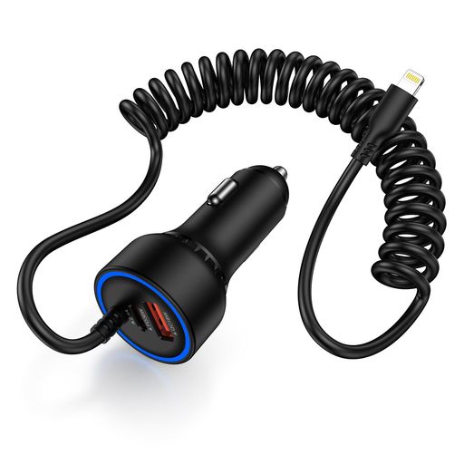 【3in1車載充電器】Haoanoのカーチャージャーは12W lightningコイル式急速充電ケーブル+PD36W充電ポート+QC3.0 18W充電ポートを搭載しております。車内で3台のiPhone、iPad、アンドロイドデバイスを同時に急速充電でき、充電の遅さに悩まされることはありません。(注意:USB-CポートとUSB-Aポートを同時使用時、最大出力は17Wです。本製品には他のケーブルは含まれていません。) 【青いLED &amp; Lightningコイルケーブル付き】ライトニングコイルケーブルでが付属しており、後部座席での使用に適しています。ケーブルを必要な長さに簡単に延長または巻き戻すことができるため、車内をすっきりと整理できます。また、このシガーソケットは通電時LEDライトが光り、夜間の暗い車内でもUSBポートが一目で確認できます。