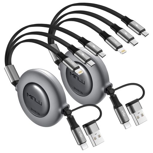 🌟【新登場 3in2 新作デザイン】最新の 3 イン 2 リトラクタブルデザインを採用し、USB A/C ポートから 4 種類の異なる USB ポートに対応。ライトニング、マイクロUSB、タイプC コネクターを搭載し、市場で入手可能なほとんどのスマートフォンの同時充電に対応します。家庭での使用、オフィス、旅行、車内、出張、または友達とシェアする場合に最適です。 🔋【急速充電 · データ転送】3in2 充電ケーブルは、最大総出力電流は 3.5A (総量であり、各ポートごとの電流ではない)まで対応可能。一般的な 3イン2 ケーブルより充電速度が速く、タブレットやパッド型デバイスの充電にも優れた性能を発揮します。Lightning ポートはデータ転送をサポートして、転送速度が480mbpsに達します。