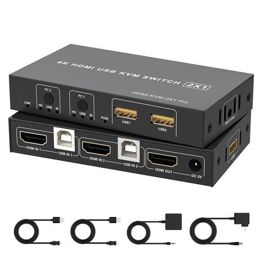 KVMスイッチHDMI 2入力1出力,USB KVM切替器パソコン2台モニター1台切り替え,4K@60Hzパソコン切替器には4本USBポート共有キーボードとマウス プリンター/スキャナー,しますプッシュボタンと有線…