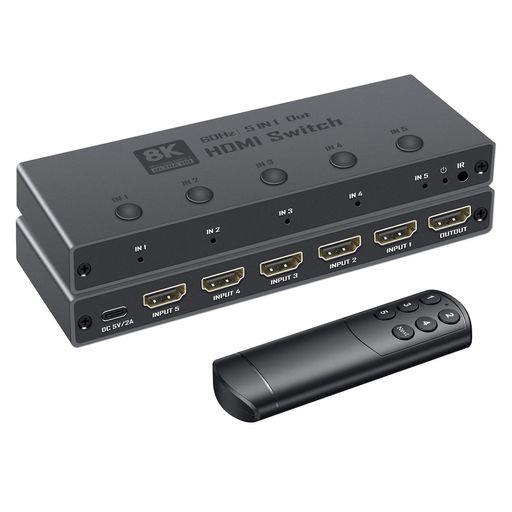 Gaming, Home Entertainment 【8K@60Hz HDMI 2.1 切り替え器 5入力1出力】 高品質アルミニウム筐体のHDMI 切替器2.1(5入力1出力)で、5つの異なるHDMI信号源から1つのHDMIディスプレイへ、解像度の低下なしにスムーズな映像・音声転送を実現。フラッシュ(画面チラつき)・信号断絶ゼロ。HDMIケーブルの抜き差しから解放され、ワンボタン操作で5台のデバイスを簡単に切り替え、仕事と娯楽をシームレスに楽しめます。 【8K Ultra HD解像度対応】8K@60Hz、4K@240Hz、1080P@240Hzの解像度をサポートし、最高48Gbpsの伝送速度を実現。従来のHDMI規格との下位互換性を備えています。※ご注意:8K@60Hzおよび4K@240Hz出力をご利用の場合は、高品質なHDMI 2.1規格対応ケーブルの使用を推奨します。VRR、ダイナミック HDR10+、HDCP 2.3、Dolbyビジョンと組み合わせて、究極の高精細映像とサウンドをお楽しみください。 【プラグアンドプレイ】5つのHDMI入力源をボタン1つで簡単切り替え。