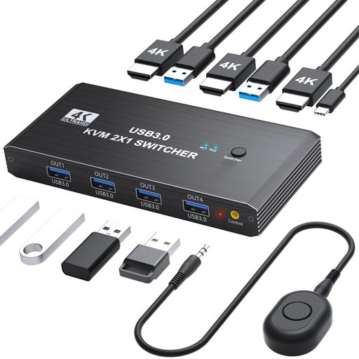 KVMスイッチ, HDMI 2入力1出力4K@60Hz, USB 3.0 KVM 切替器パソコン2台モニター1台切り替え, パソコン切替器には4本USBポート共有キーボードとマウス プリンター/スキャナー, しますプッシュボタン…