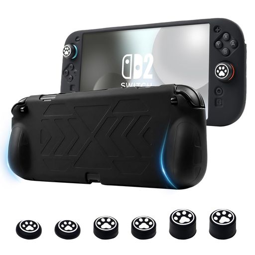 「Switch 2専用カバー」 2025年発売のSwitch 2を向けに専門設計したグリップ仕様の保護ケースとなります。Switch 2を日常のキズや衝撃から確かな守りを与えてくれます。他の機種に対応できませんので機種をしっかりとご確認いただいてからお買い求めください。(本品はケースのみです。Switch 2本体は含まれません。) 「人間工学基づく設計」手の自然の握方にカーブしたグリップ仕様に仕上げた上に、手汗かいても滑らなく効果的に持ちやすくなり、手の疲労感も軽減してくれて、よりゲーム世界に集中させ、快適にゲームを進められます。耐衝撃&amp;落下防止: 高品質シリコン素材がSwitch 2本体を衝撃から守ります。柔らかくても強靭な構造で、うっかり落としても安心。 付属品でさらに快適: switch2 ボタンカバー6個のジョイコン用グリップキャップ付きswitch2 PROボタンカバーコントローラーのジョイスティックに対応。握り部分を拡大設計し、操作性と快適性をさらにアップ。 「取り付けやすい」本ケースは簡単に取り付け・取り外しができる設計となっており、Switch 2本体を傷つけることなく迅速に交換可能です。